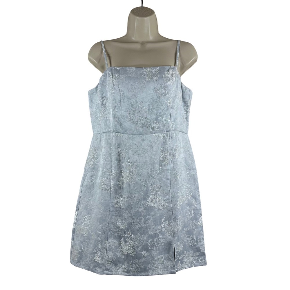 All in Favor Womens Floral Jacquard Mini Dress Light Blue Square Neck Slit L‎